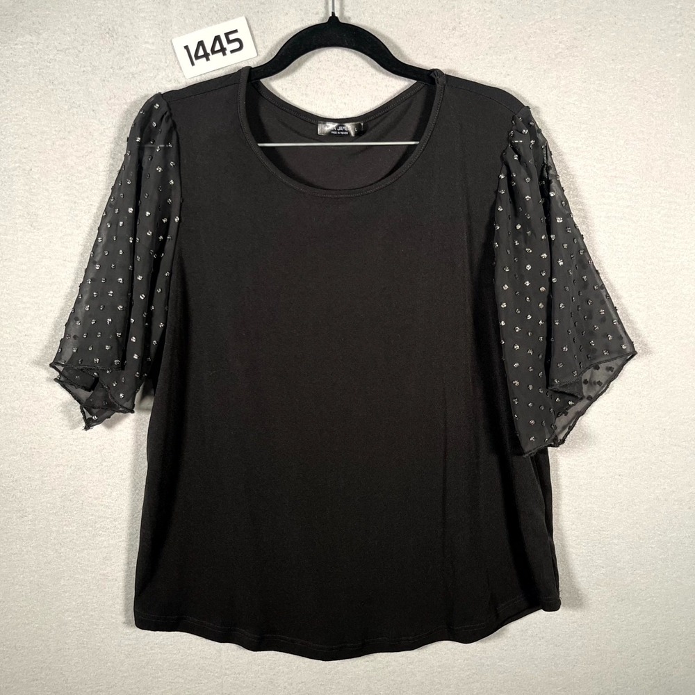 Ava James Blouse Womens Large Black Stretch Sheer Swiss Dot‎ Flutter Sleeve